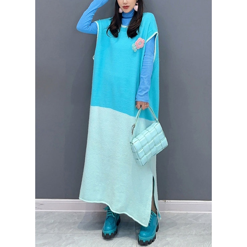 New Blue O Neck Side Open Patchwork Knit Waistcoat Dresses Sleeveless