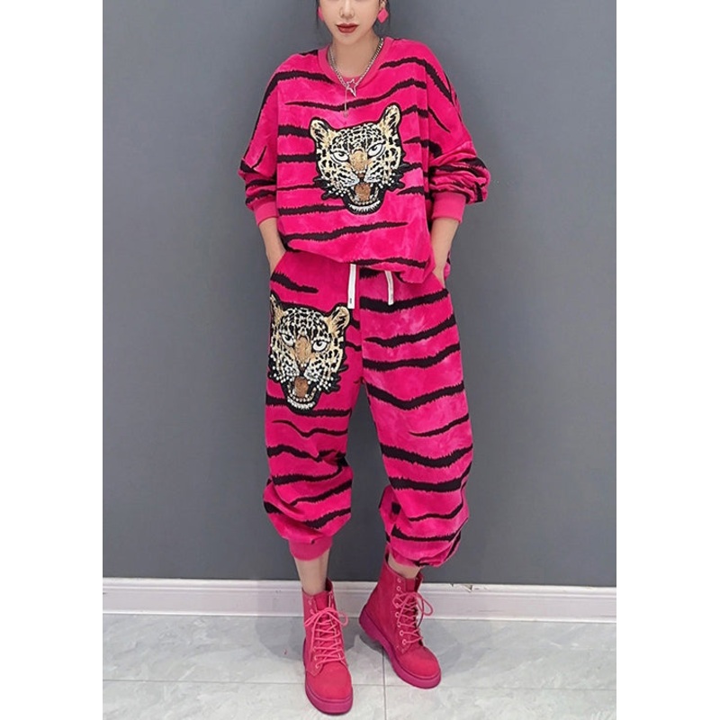 New Rose Striped Print Pockets Patchwork Cotton Two Pieces Set Fall