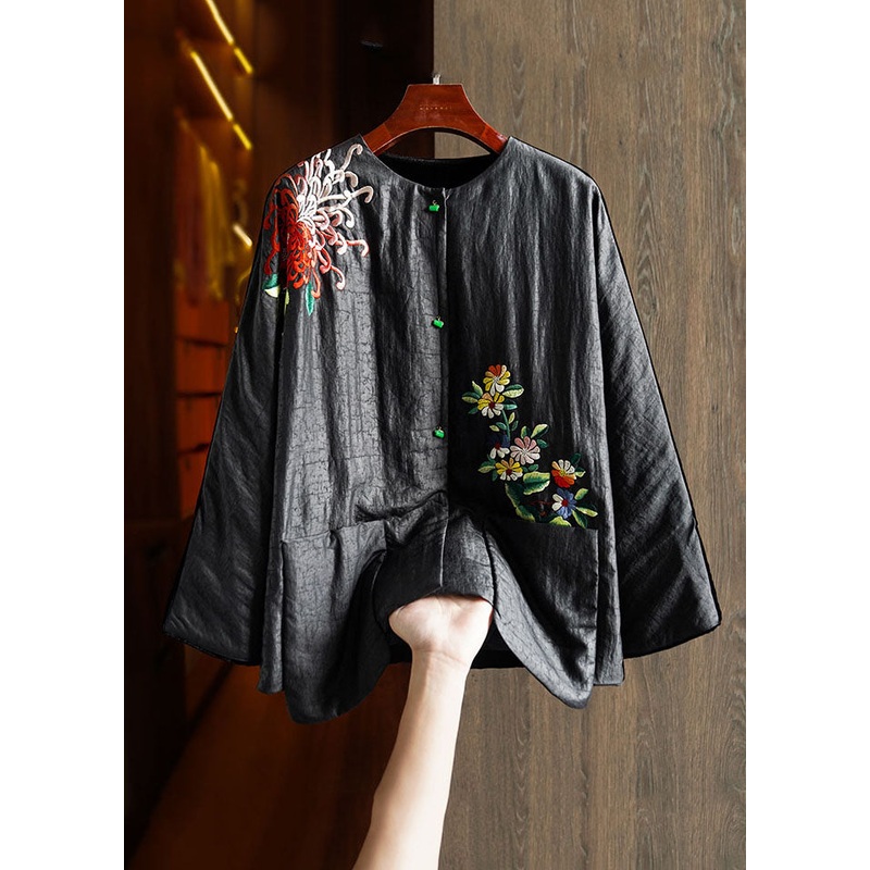 Plus Size Black Embroideried Floral Button Silk Velour Parka Winter