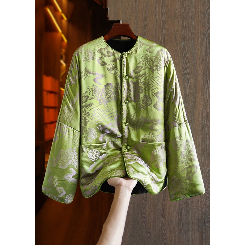 Plus Size Green Button Print Pockets Silk Parka Long Sleeve
