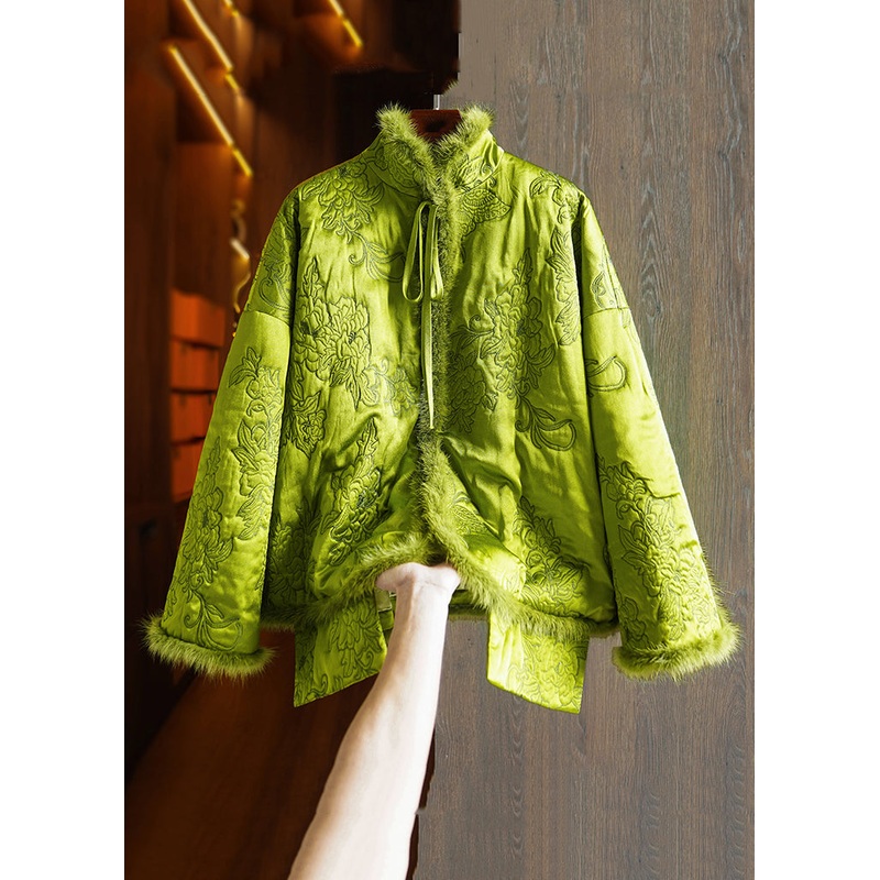 Plus Size Green Lace Up Mink Hair Patchwork Silk Parka Winter