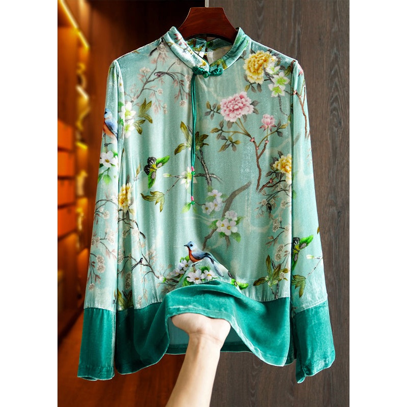 Retro Green Button Print Patchwork Silk Velour Tops Fall