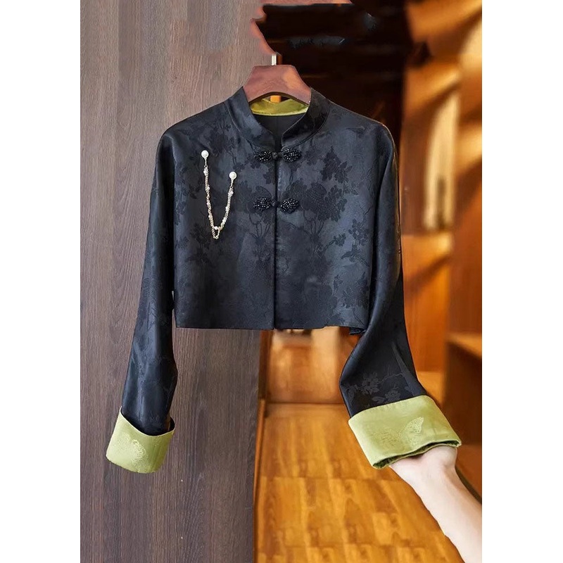 Slim Fit Black Stand Collar Embroideried Button Silk Linen Coat Long Sleeve