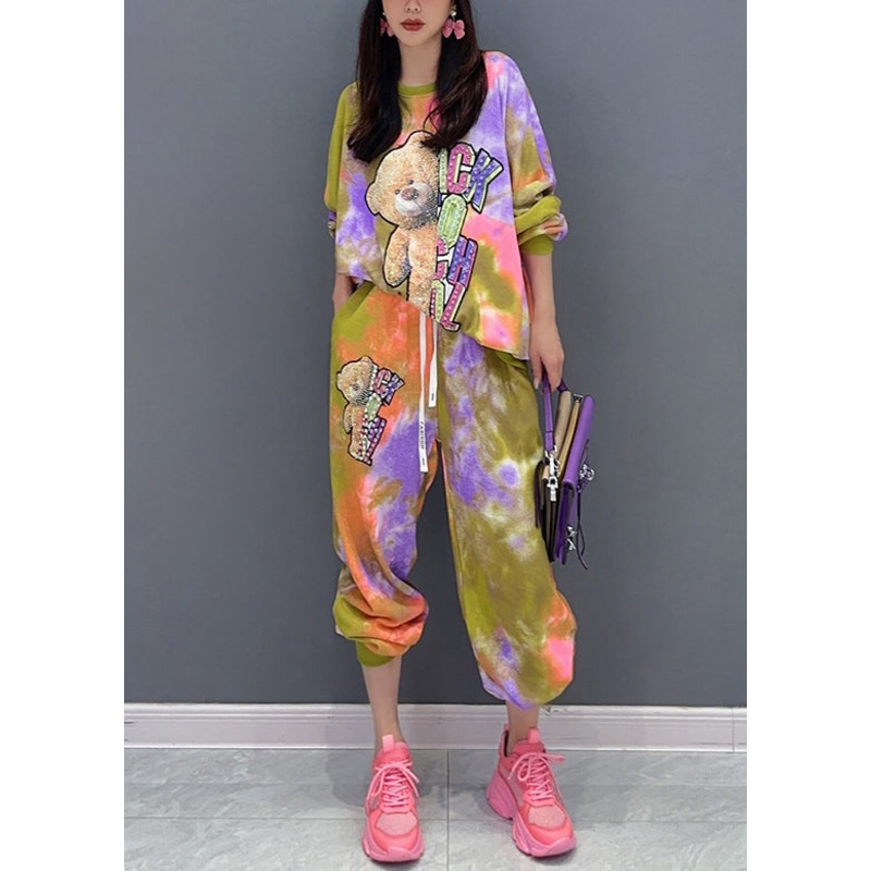 Tie Dye Little Bear Print Elastic Waist Cotton Two Pieces Set Fall