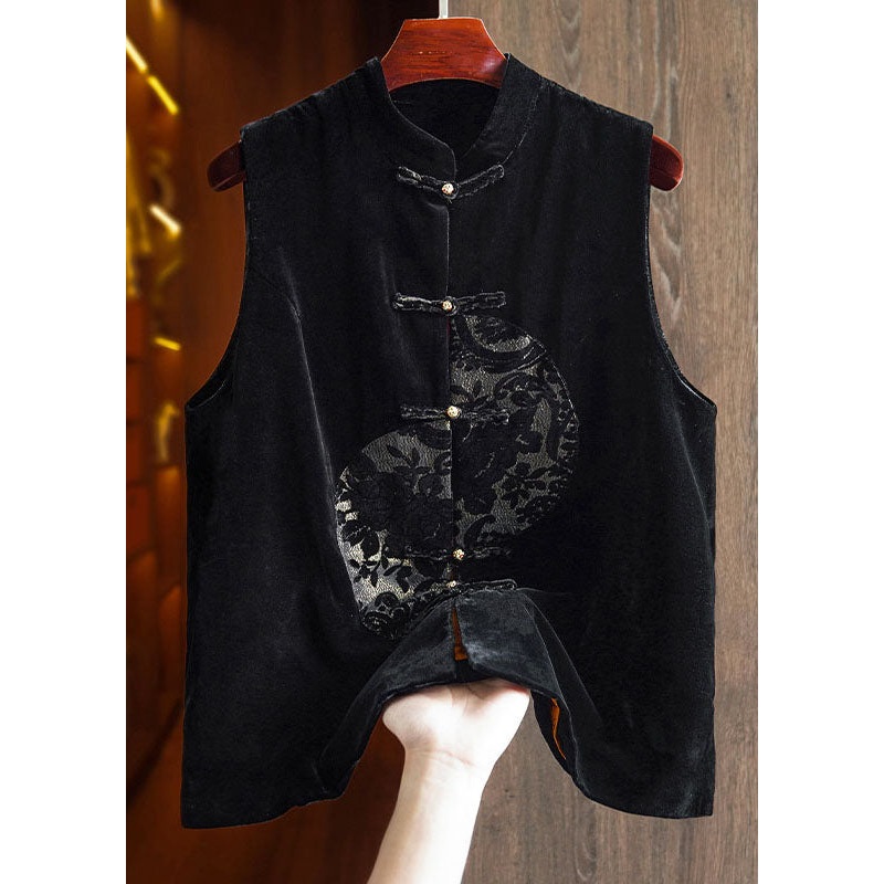 Unique Black Embroideried Patchwork Button Silk Velour Waistcoat Fall