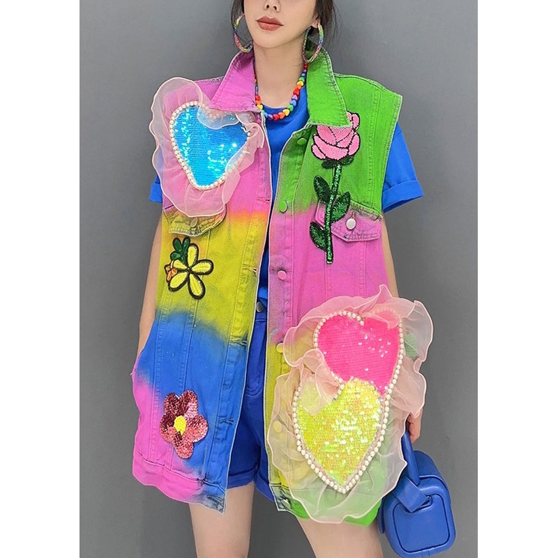 Unique Colorblock Peter Pan Collar Sequins Patchwork Denim Top Sleeveless