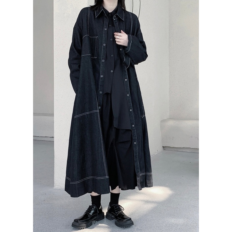 Unique Dark Blue Peter Pan Collar Patchwork Pockets Maxi Denim Trench Coats Long Sleeve