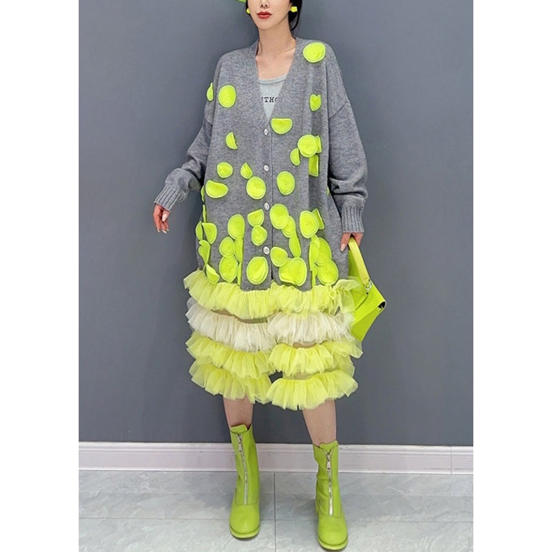 Unique Grey V Neck Button Tulle Patchwork Cotton Knit Dresses Fall