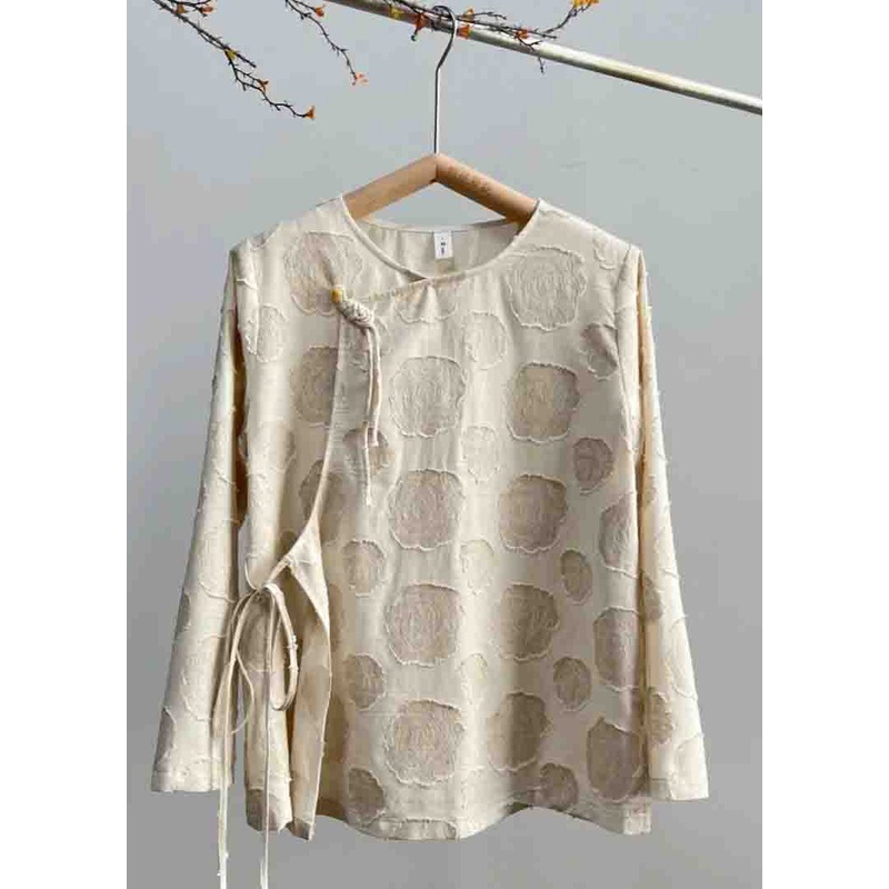 Vintage Apricot O-Neck Asymmetrical Button Tops Long Sleeve
