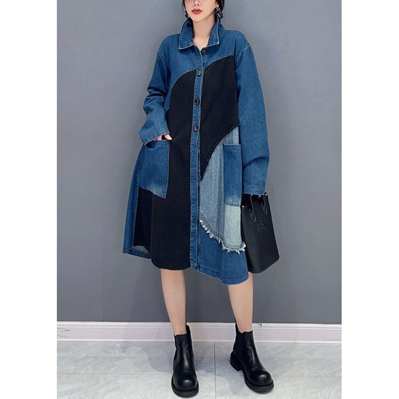Vintage Blue Asymmetrical Button Pockets Denim Blouses Fall