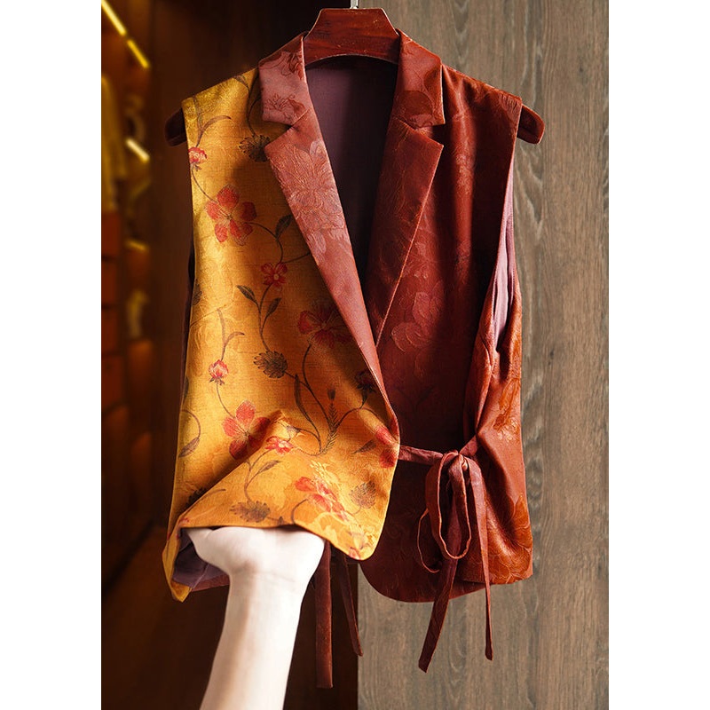 Vintage Brown Print Lace Up Patchwork Silk Vest Sleeveless