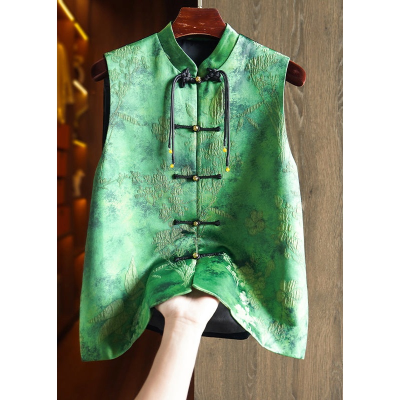 Vintage Green Tasseled Jacquard Patchwork Silk Vest Sleeveless