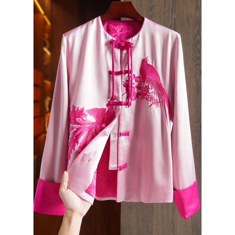 Vintage Pink Tasseled Embroideried Patchwork Silk Coat Fall