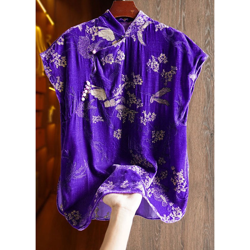 Vintage Purple Embroideried Nail Bead Button Silk Velour Shirt Short Sleeve