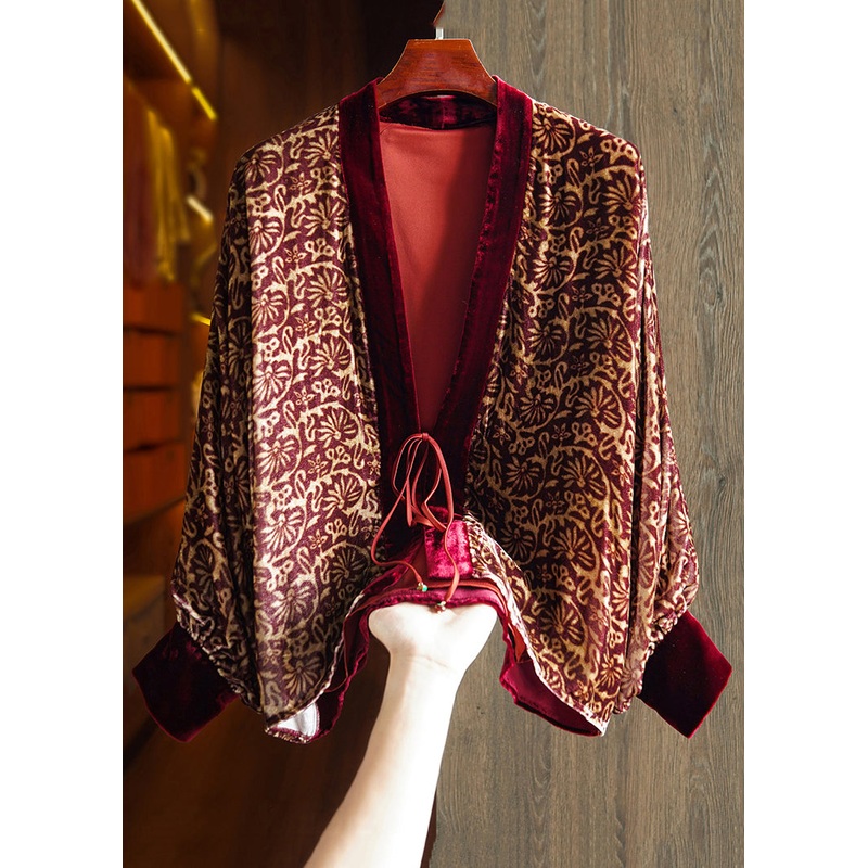 Vintage Wine Red Print Lace Up Patchwork Silk Velour Top Long Sleeve