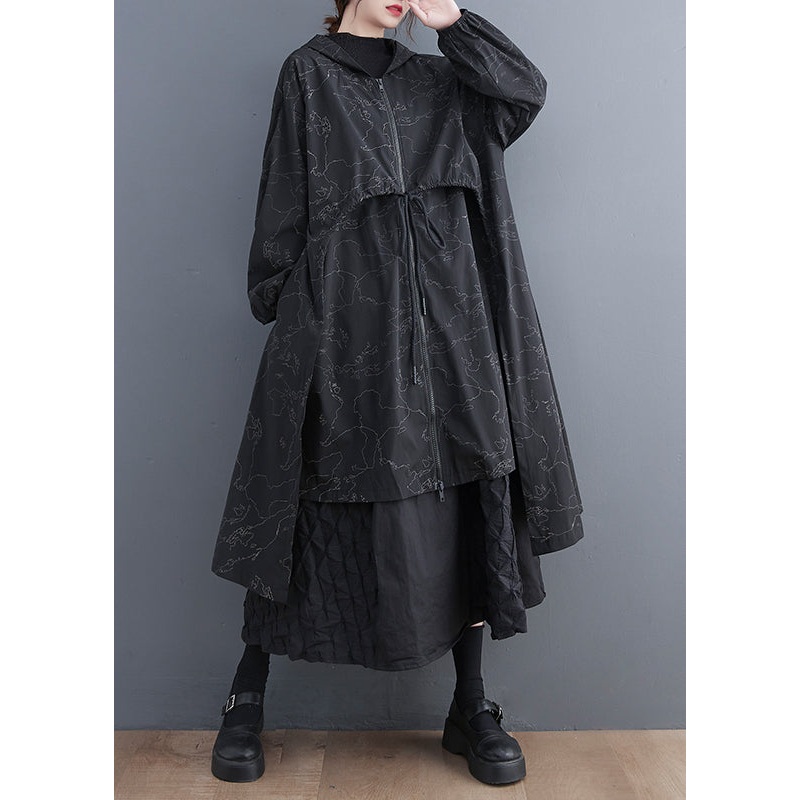 Vogue Black Asymmetrical Patchwork Print Zippered Tie Waist Hoodie Trench Coat Fall