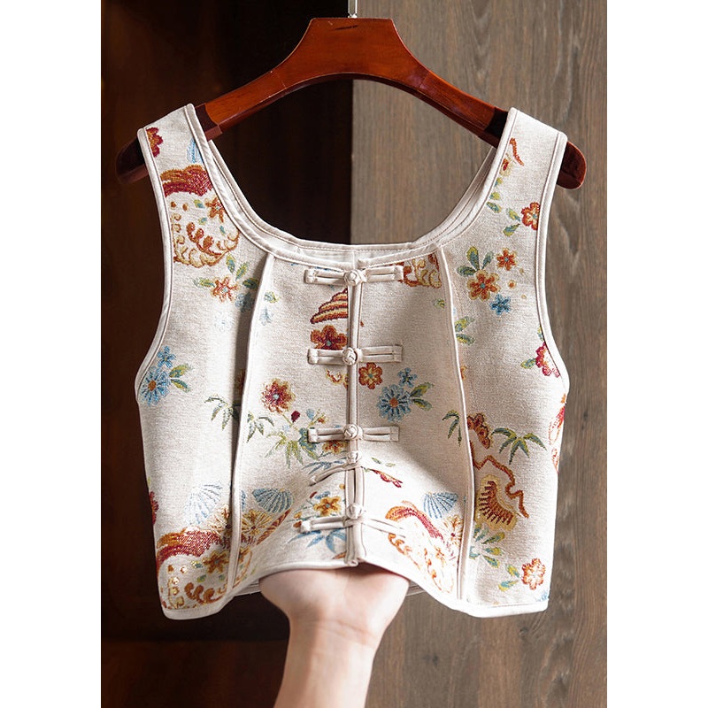 White Patchwork Cotton Vest Embroideried Chinese Button Sleeveless