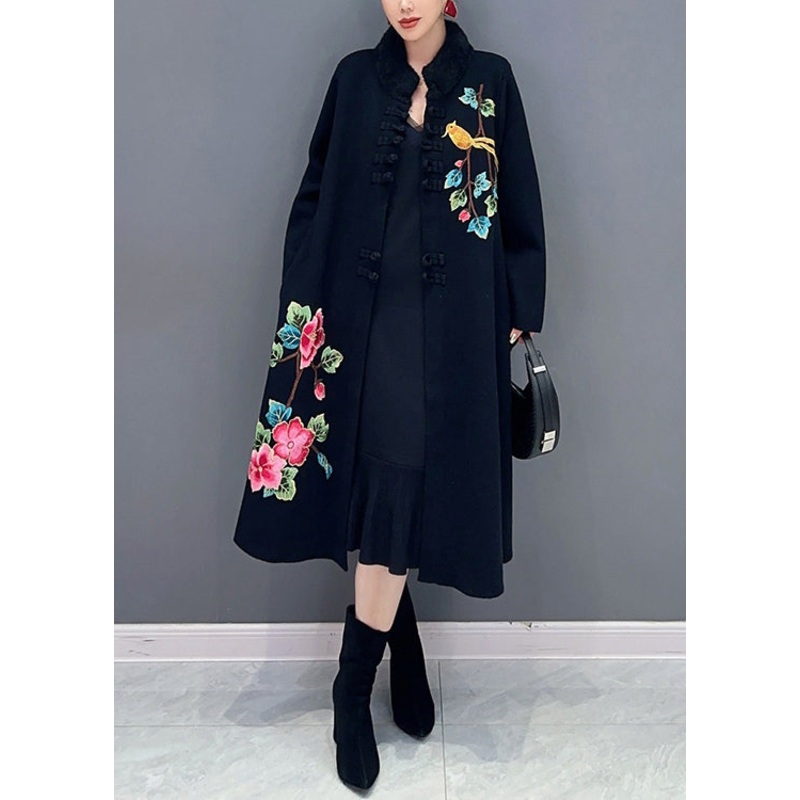 Women Black Button Print Patchwork Cotton Knit Coats Long Sleeve