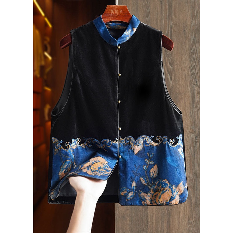 Women Black Stand Collar Embroideried Patchwork Silk Velour Waistcoat Sleeveless