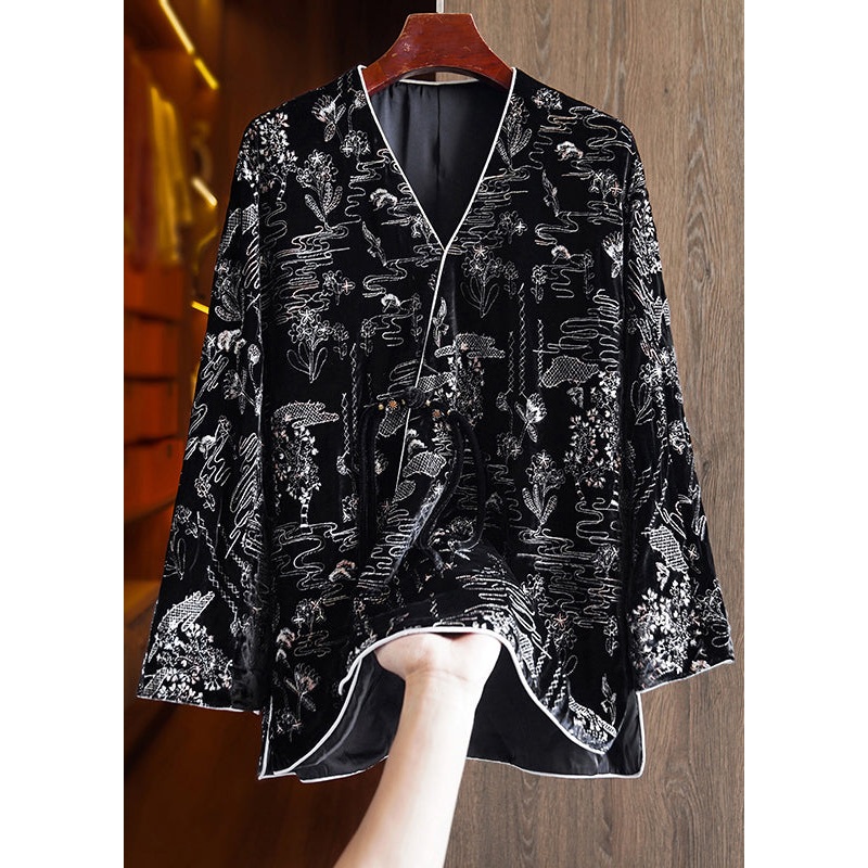 Women Black V Neck Jacquard Patchwork Silk Velour Coats Fall