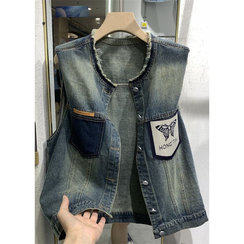 Women Blue O-Neck Print Pockets Patchwork Waistcoat Sleeveless