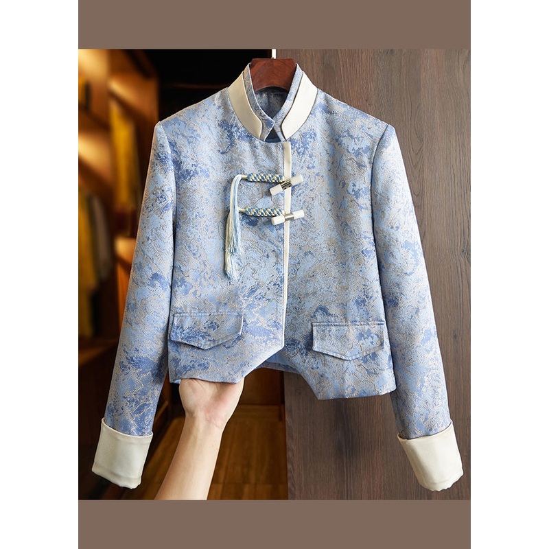 Women Blue Tasseled Jacquard Patchwork Cotton Coats Fall