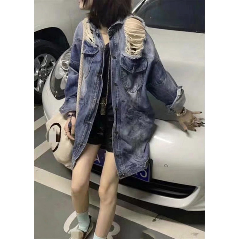 Women Denim Blue Peter Pan Collar Patchwork Hole Cotton Coat Long Sleeve