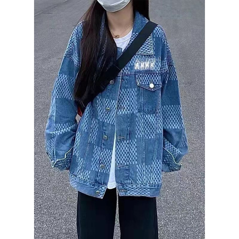 Women Denim Blue Peter Pan Collar Pockets Plaid Print Coat Long Sleeve