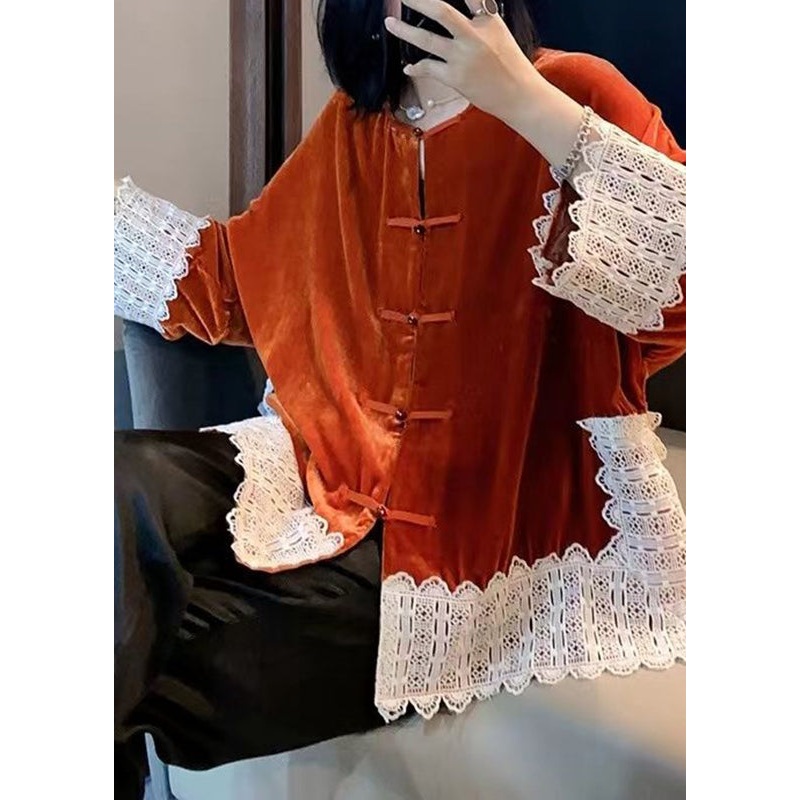 Women Orange Lace Patchwork Silk Velour Coats Long Sleeve