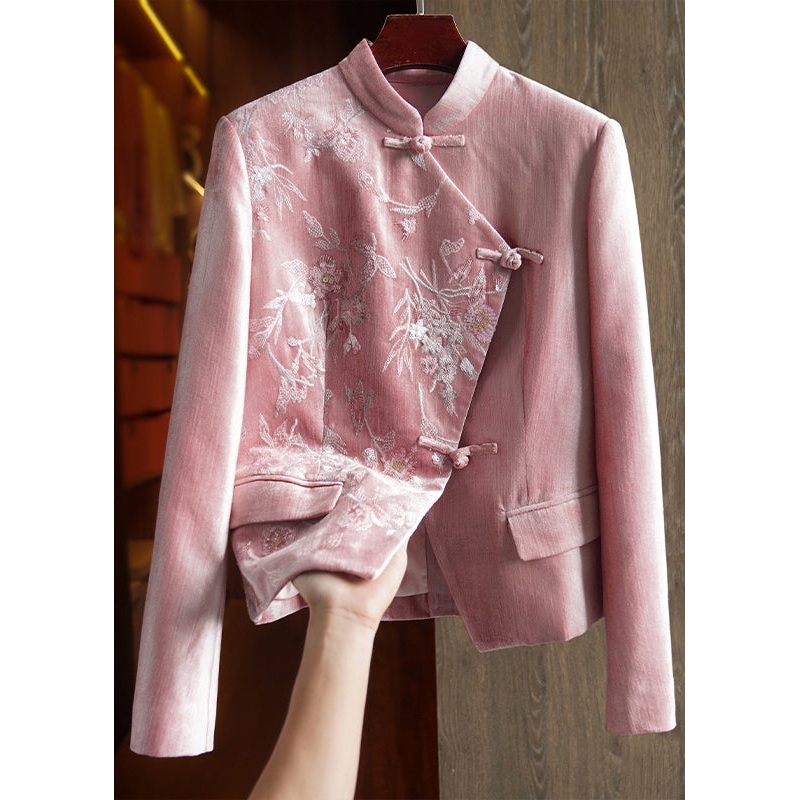 Women Pink Stand Collar Embroideried Sequins Patchwork Cotton Coat Fall