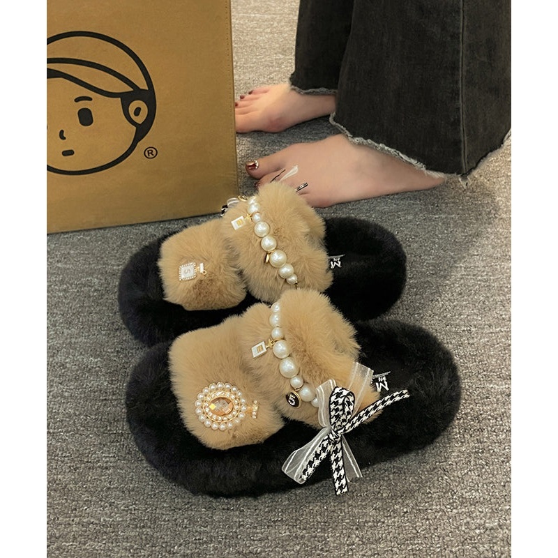 2023 New Khaki Nail Bead Bow Platform Teddy Slide Sandals