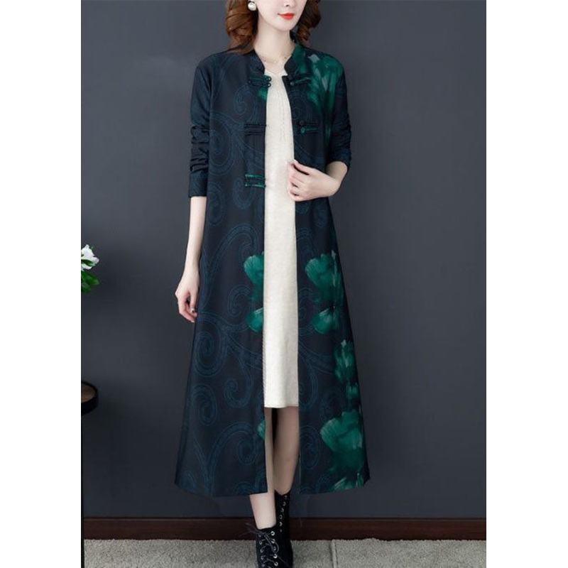 Art Green Stand Collar Print Silk Lengthen Trench Long Sleeve