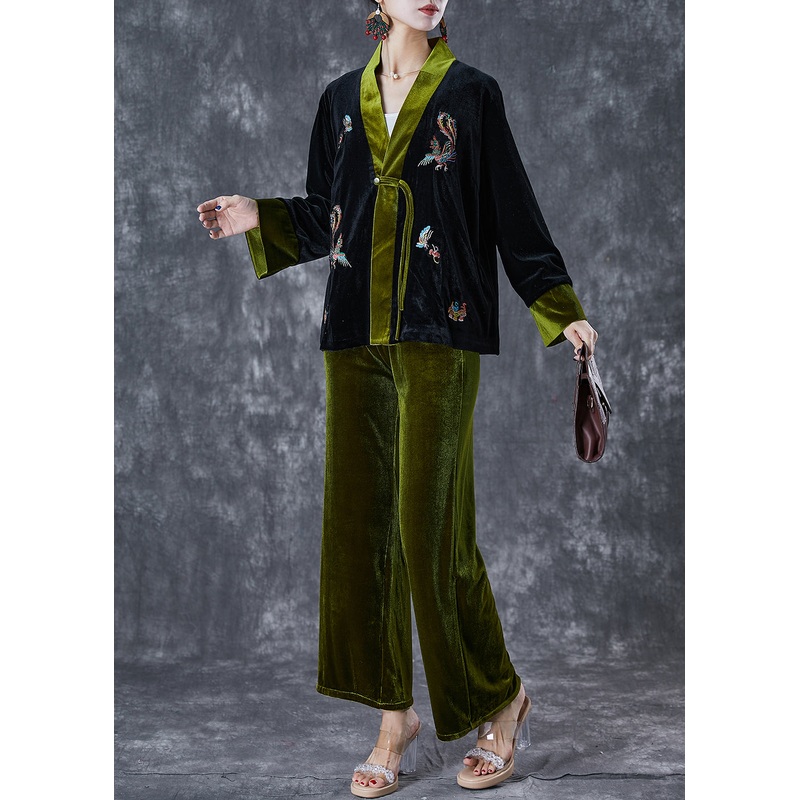 Beautiful Blackish Green Embroidered Patchwork Silk Velour Two Pieces Set Fall