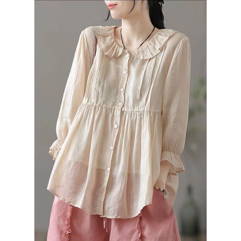 Beautiful Champagne Color Peter Pan Collar Button Cotton Shirt Fall