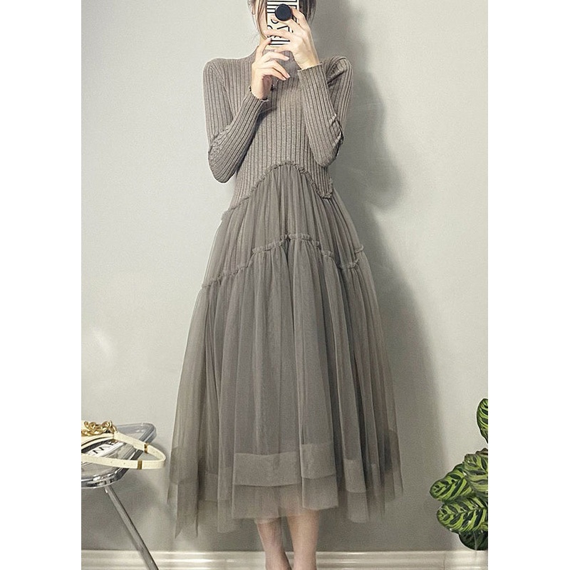 Beautiful Grey Asymmetrical Tulle Patchwork Long Dresses Fall
