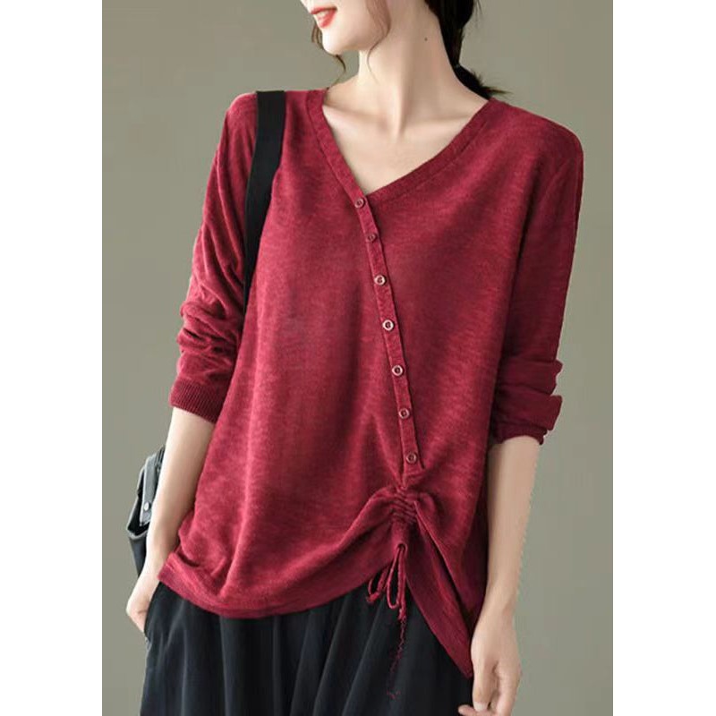 Beautiful Red V Neck Drawstring Patchwork Knitting Top Fall