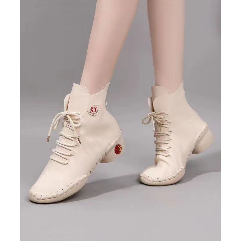 Beige Genuine Leather Boots Splicing Cross Strap