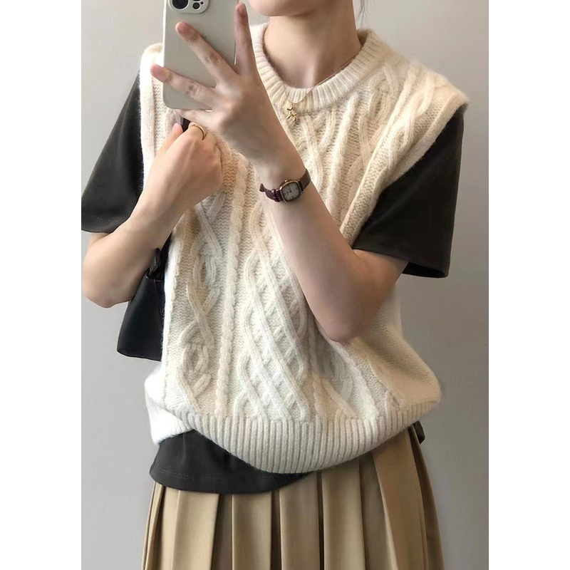 Beige Patchwork Loose Knit Waistcoat Top O Neck Fall