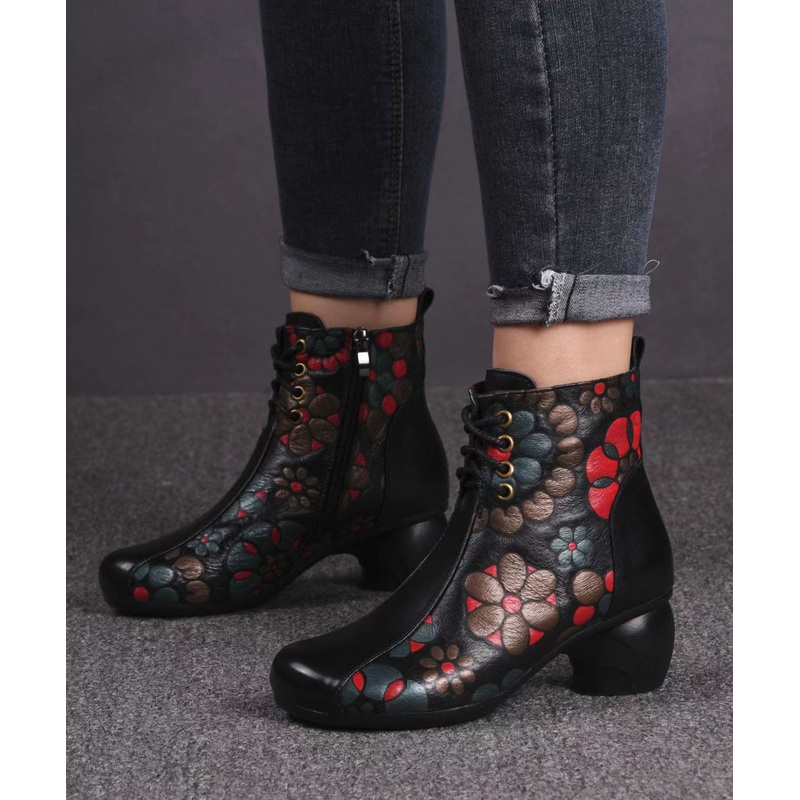 Black Boots Chunky Cowhide Leather Women Embossed Splicing