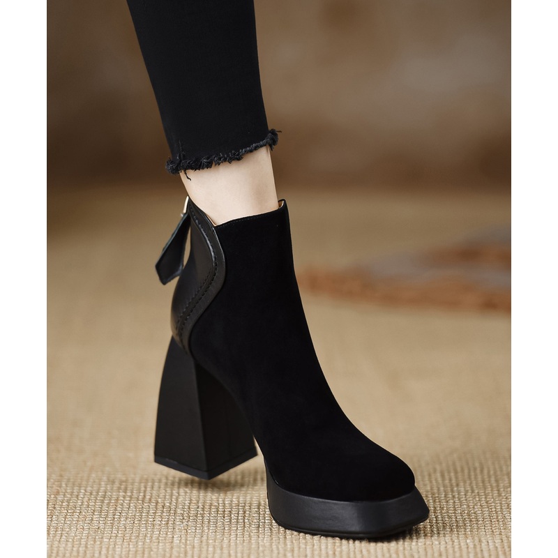 Black Boots Chunky Suede Classy Splicing Zippered
