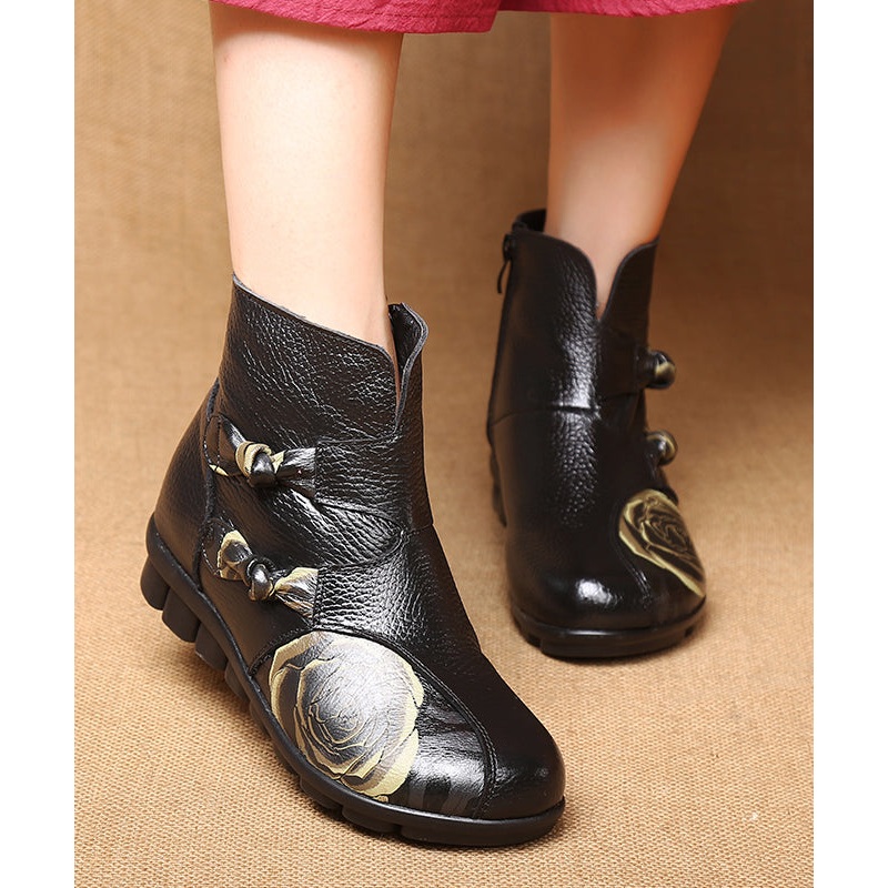 Black Cowhide Leather Boots Handmade Vintage Splicing Embossed