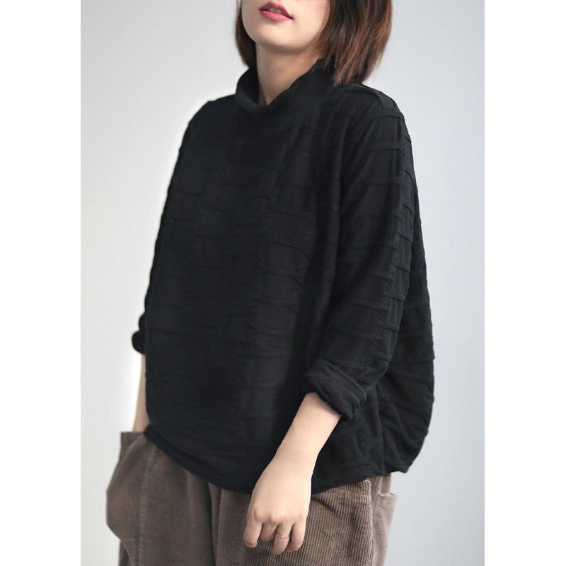 Black Patchwork Loose Warm Fleece Turtleneck Long Sleeve