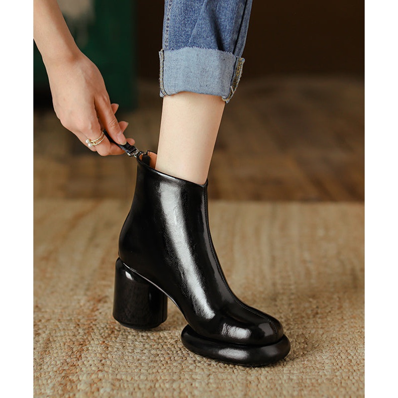 Black Splicing Stylish Cowhide Leather Chunky Boots