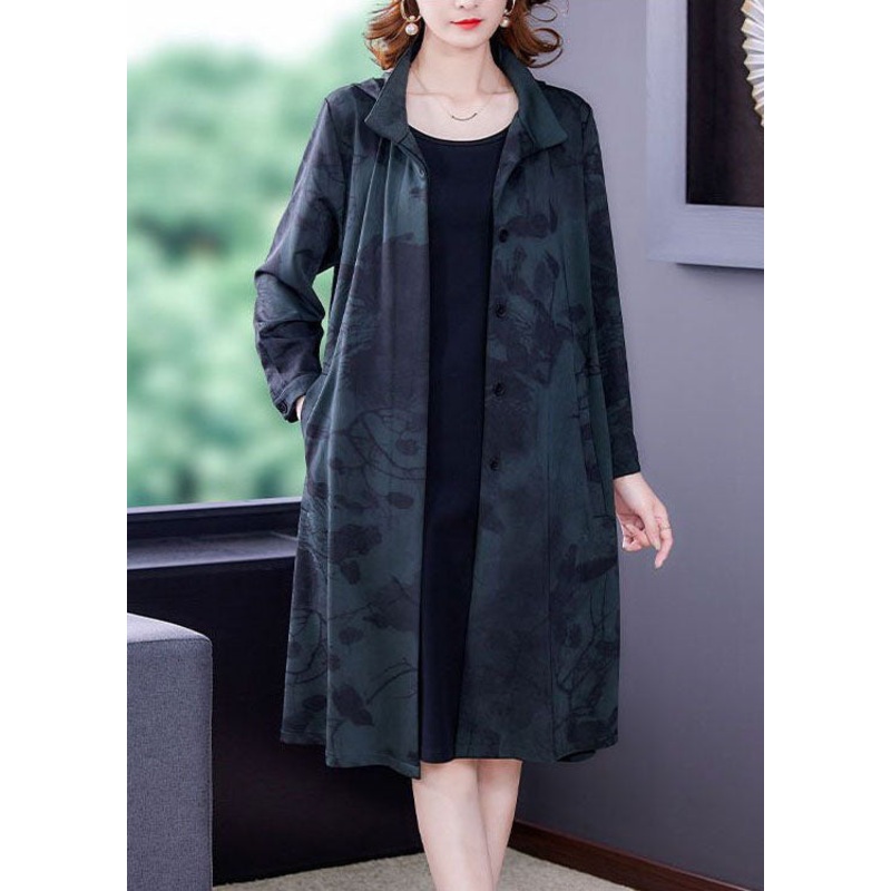 Blackish Green Print Silk Trench Hooded Pockets Long Sleeve