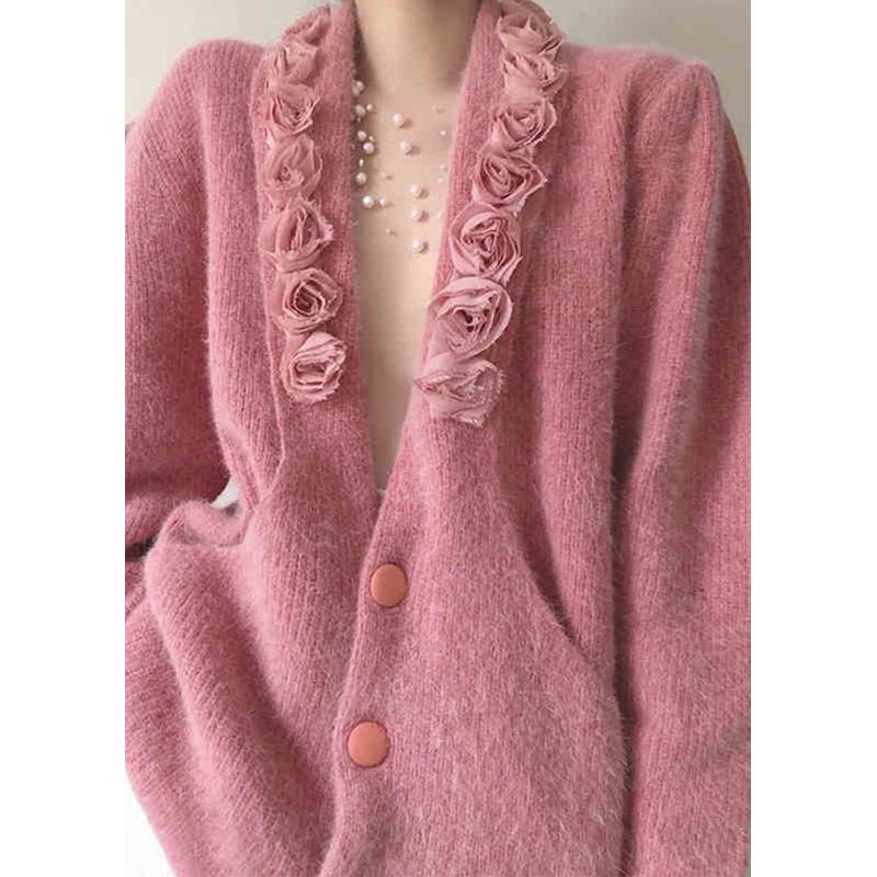 Bohemian Pink V Neck Button Patchwork Knitted Cotton Coat Fall