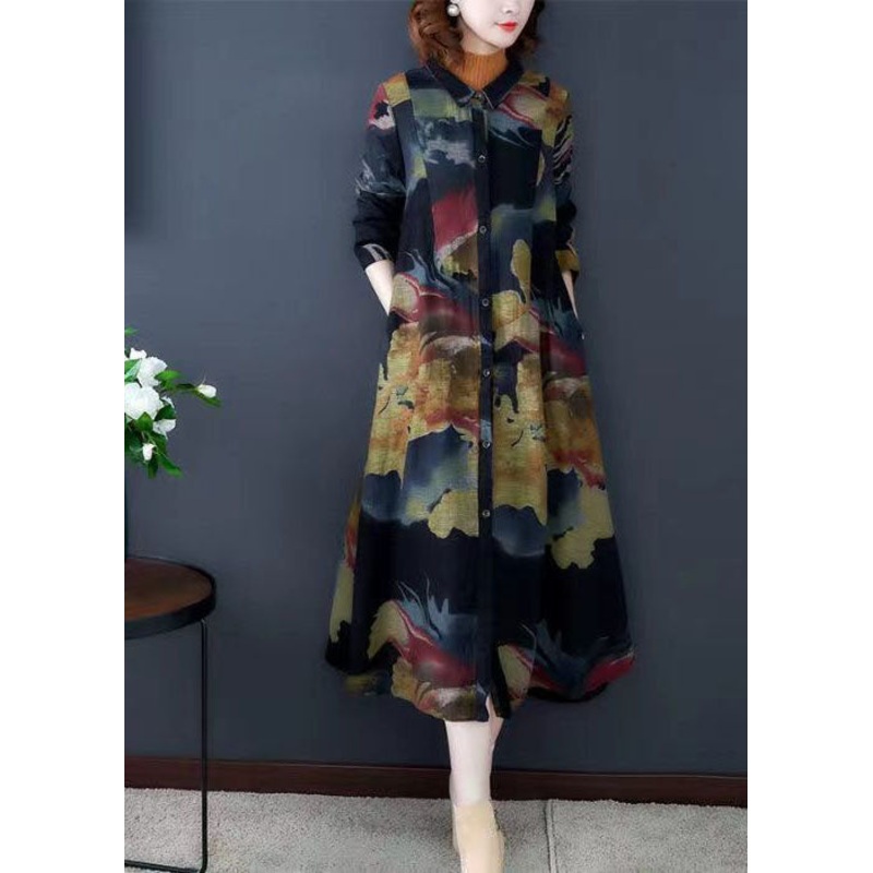 Boho Black Turn-down Collar Print Cotton Long Trench Coats Long Sleeve