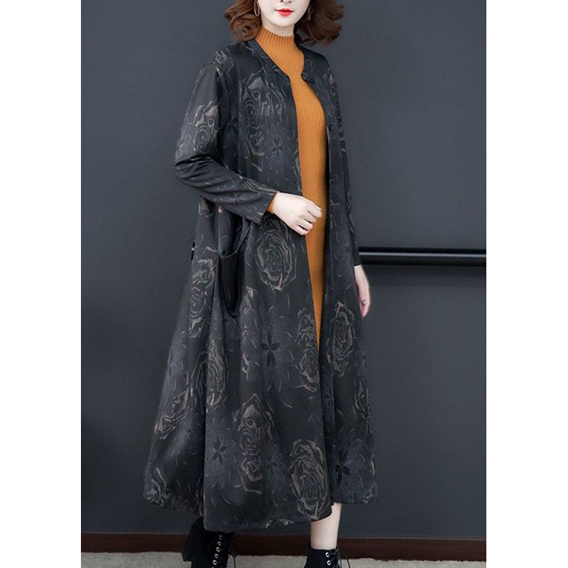 Boutique Black O-Neck Patchwork Print Pockets Silk Trench Long Sleeve