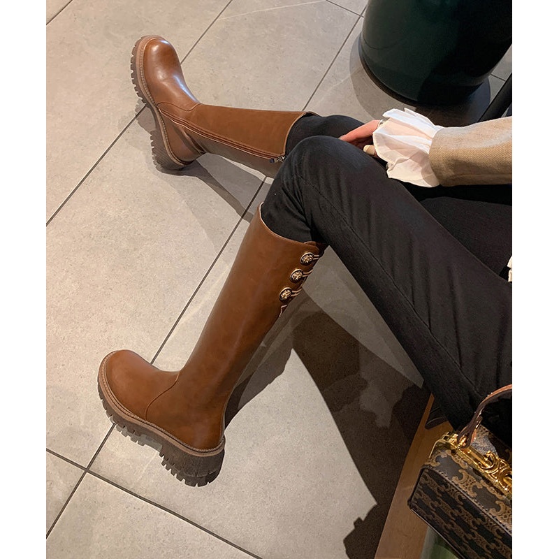 Boutique Chocolate Zippered Splicing Chunky Long Boots