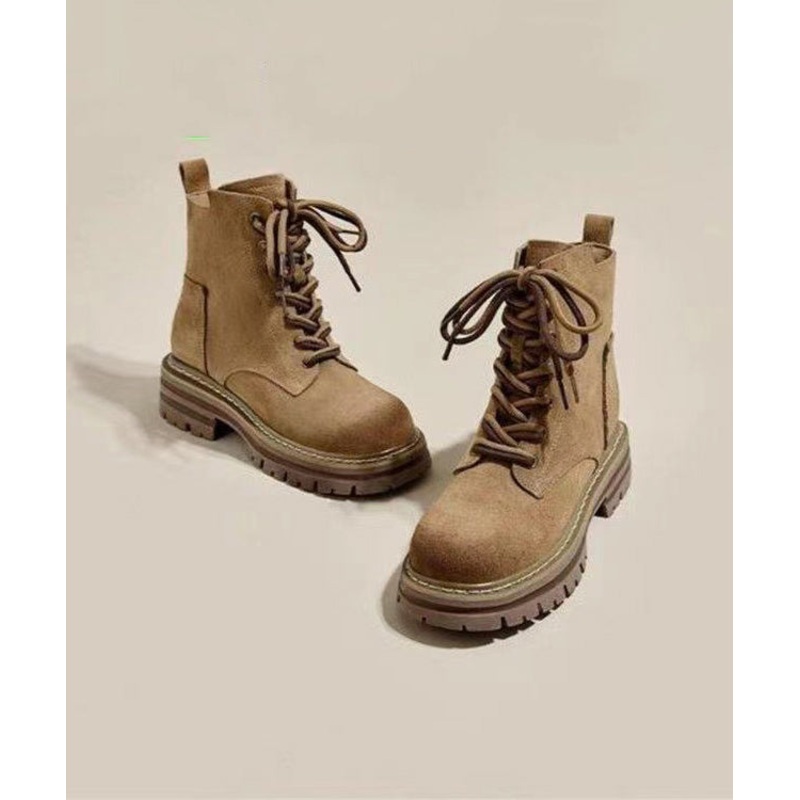 Boutique Cross Strap Splicing Chunky Boots Brown Suede
