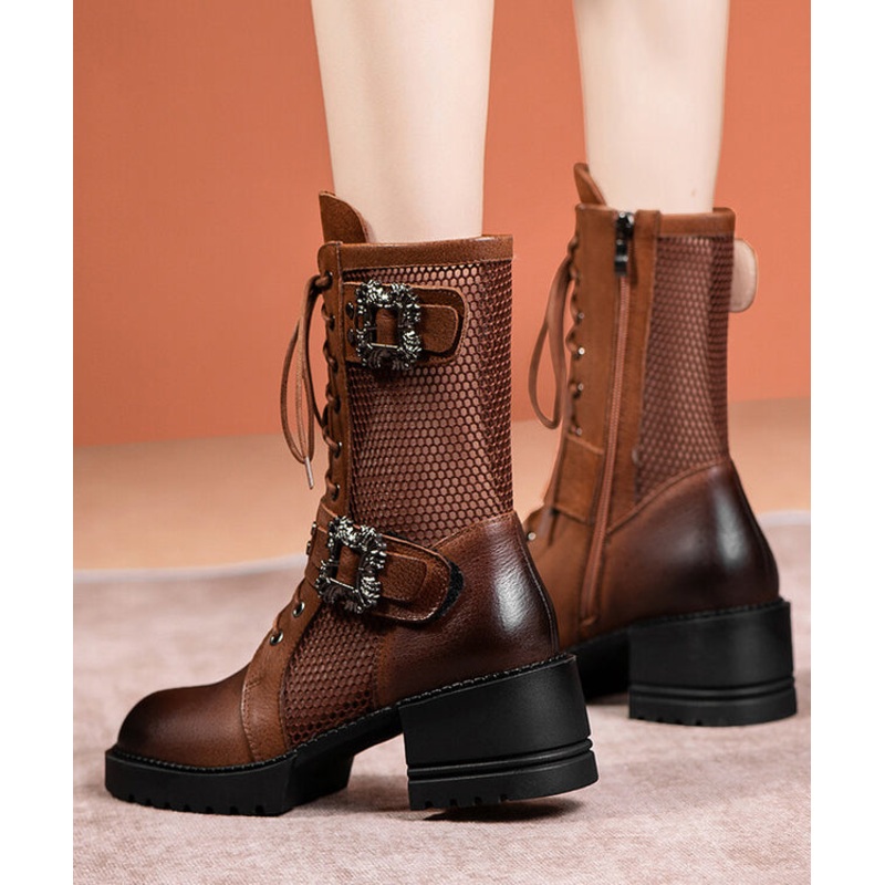 Boutique Splicing Chunky Boots Coffee Hollow Out Cowhide Leather